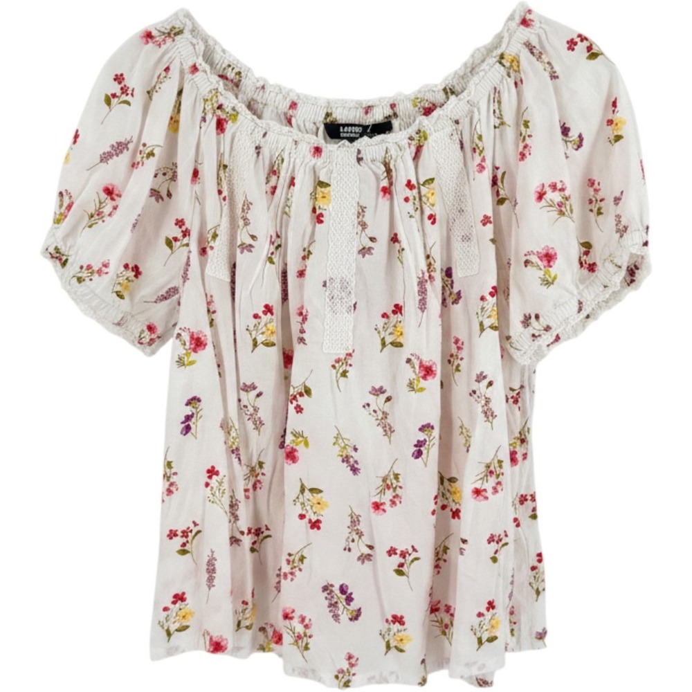 Lands‎ End Peasant Top White Medium Floral Lace Trim Boho Cottagecore Crochet